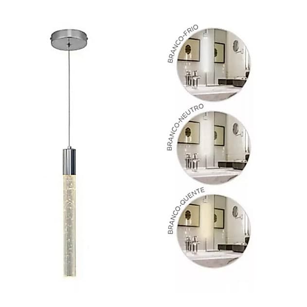 Lustre Pendente Led Vidro Cilíndrico 20cm Cristal Bolha