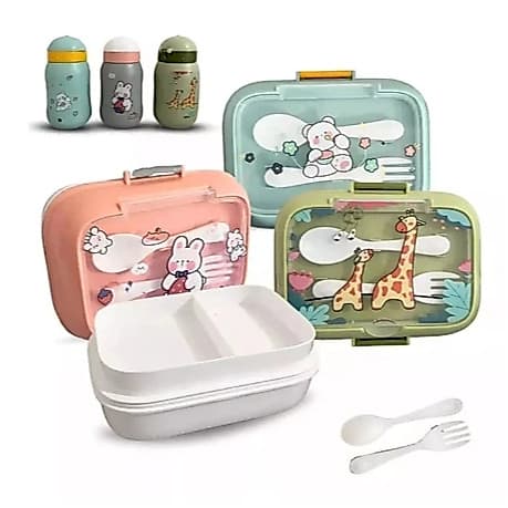 Kit Marmita Infantil Com Talheres De Plástico e Garrafa De 400 ml Com Canudo Lancheira Escolar