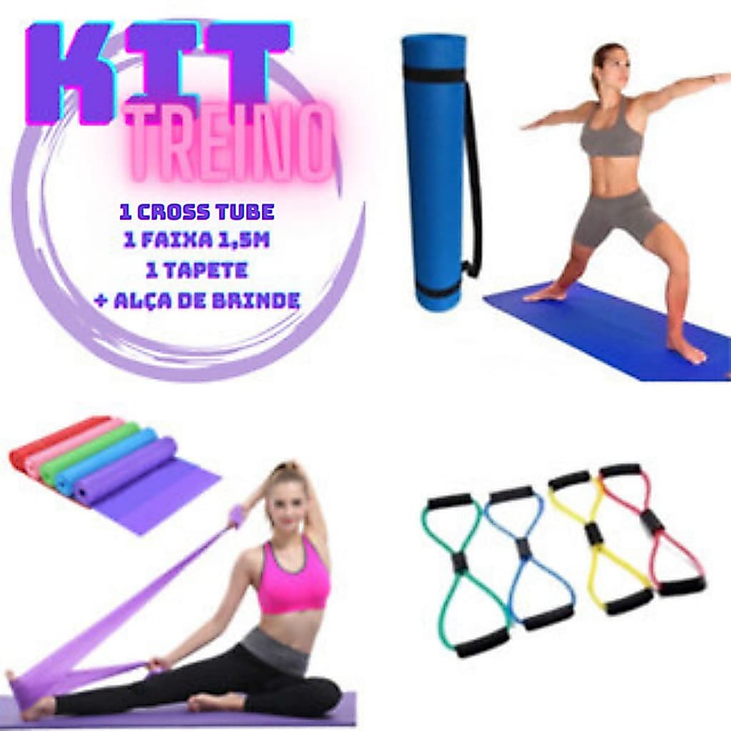 Treino Completo Elástico Cross Extensor Tapete Yoga Pilates E Faixa 1,5m