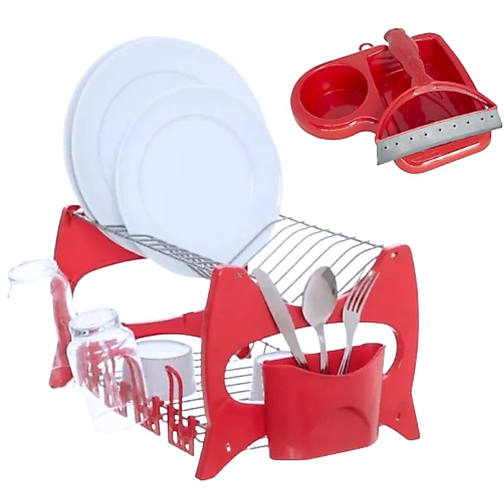 kit Escorredor De Louça Prato + Porta Detergente + Rodinho de Pia FLORENÇA VERMELHO