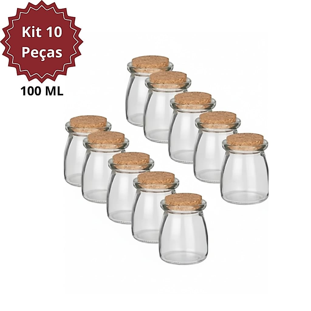 Kit 10 Potes de Vidro para Temperos 100ml com Tampa de Rolha Cortiça Organizador