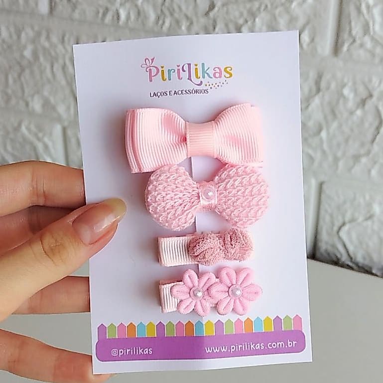 Kit 4 Presilhas Laços Leves Delicados para Cabelo Fino Bebê e Menina com Borrachinha Antideslizante