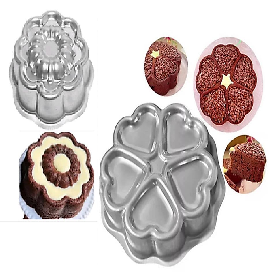 Assadeiras de Bolo Alumínio 2 Modelos, Forma de Bolo Flor Suiça + Forma de Bolo 5 Corações Gomada