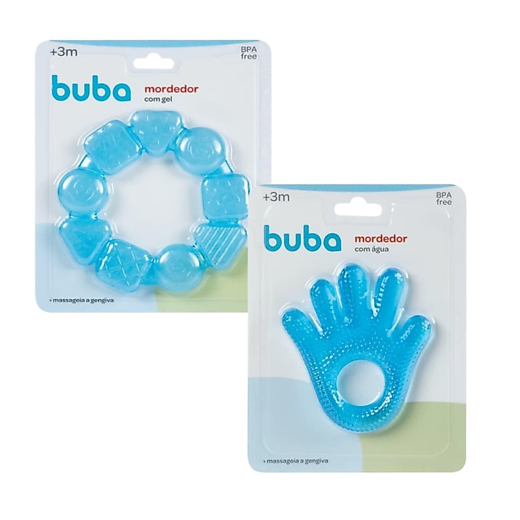 Kit 2 Mordedores Buba – Mãozinha com Água e Gel Redondo, Massageador Gengiva, Alívio Dentição 3m+