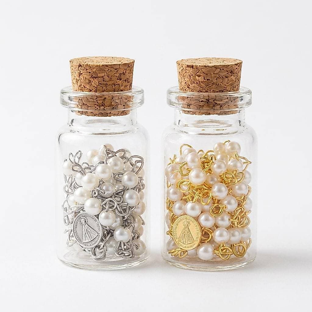 Kit 10 Terço Rosário Em Frasquinho De Vidro Lembrancinha Comunhão Católica