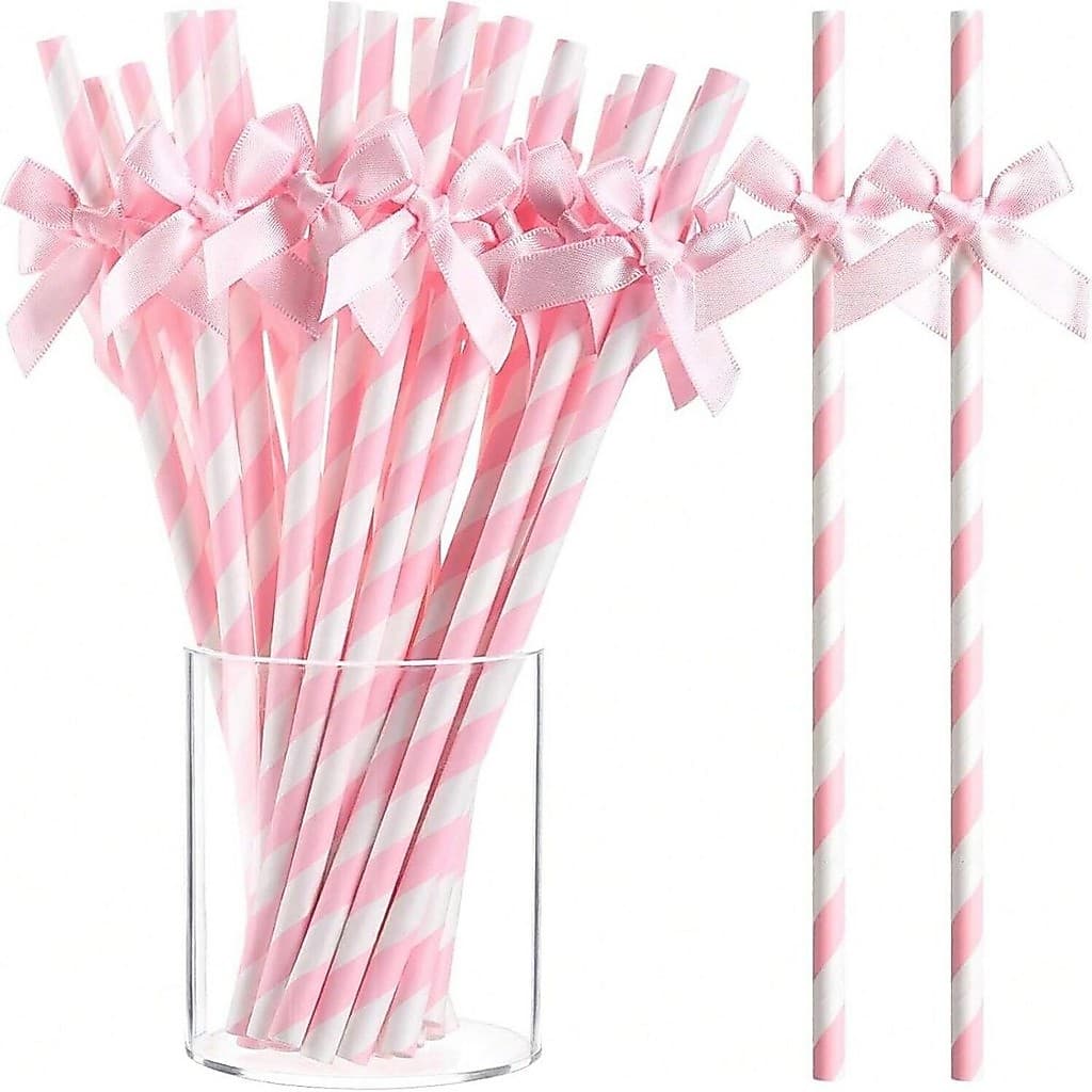 10 Pçs Rosa Papel Palha Gravata Borboleta Descartável Beber Listra Chá De Bebê Aniversário Natal Fontes De Festa