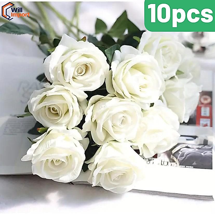 10 Rosas Artificial Branca Aveludada Individual Decoração Arranjo Flor