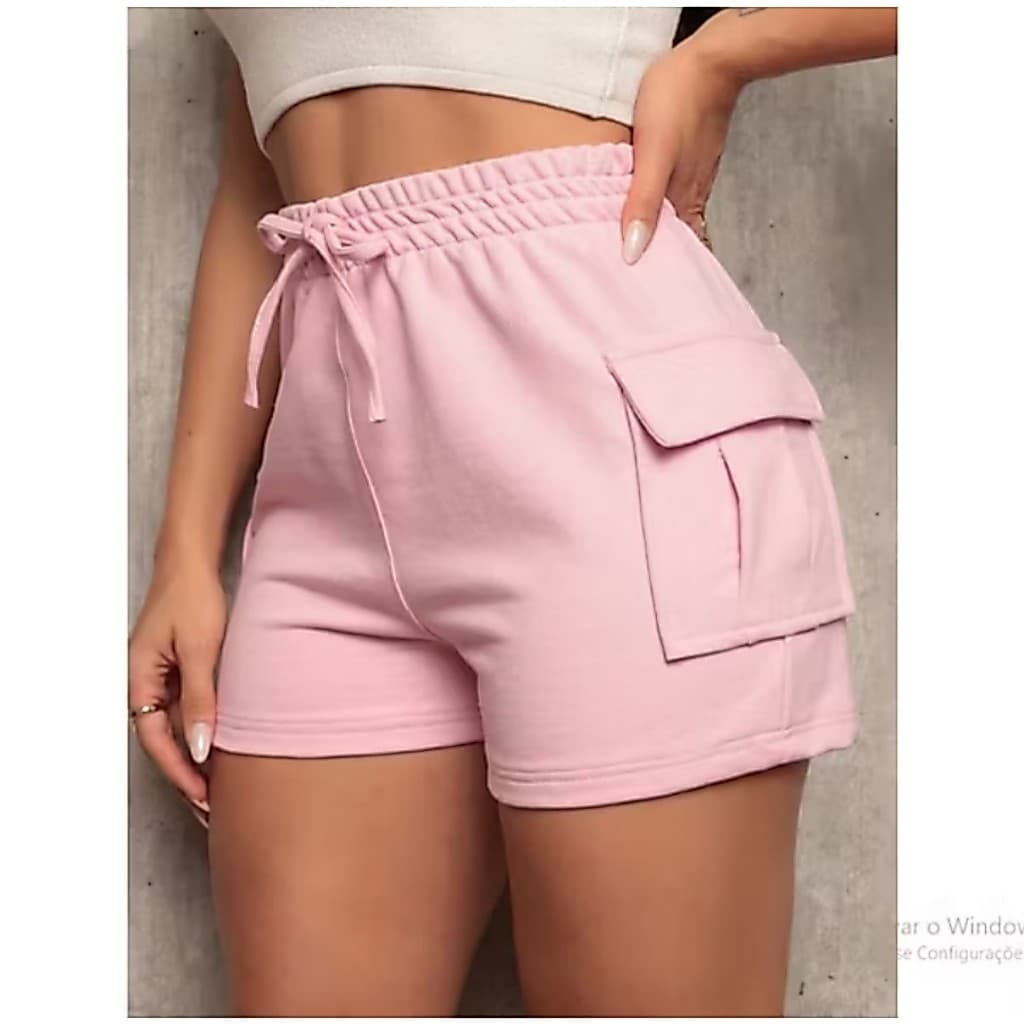 Shorts Feminino Moletinho Cargo Plus Size 2 Bolsos Cós Elástico Cintura Média Verão Confortável