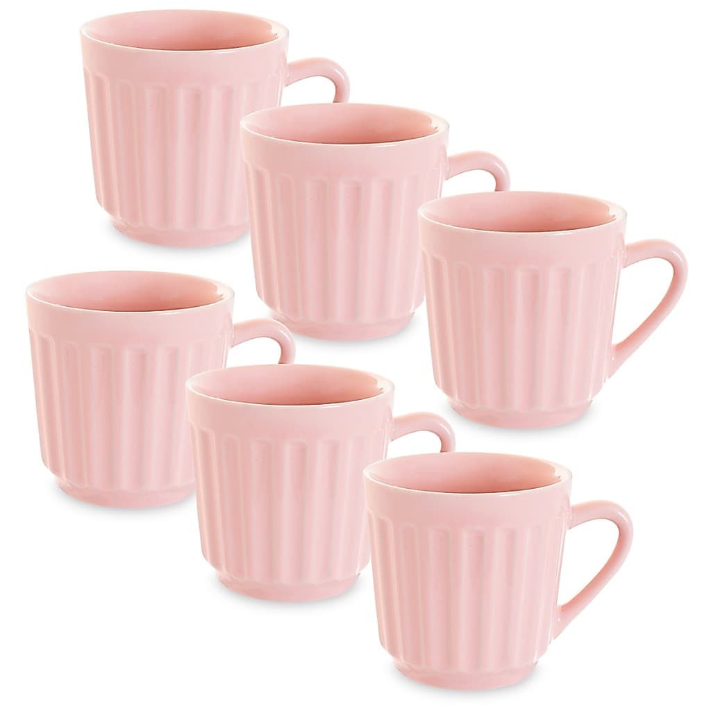 Kit Jogo de 06 xícaras caneladas café da manhã de porcelana Rosa