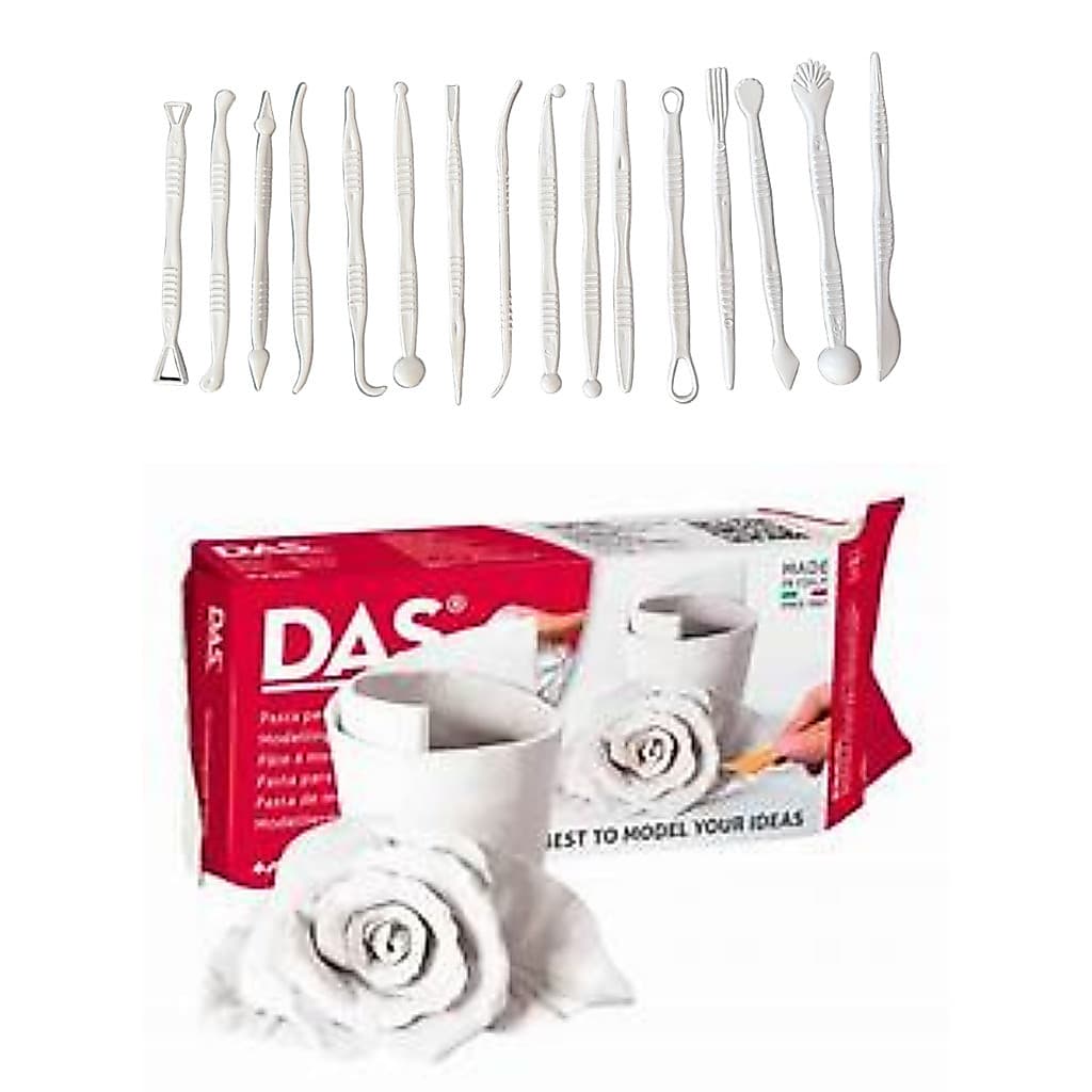 Massa Cerâmica Fria DAS 500 G  + 16 Estecas Kit Artesanato
