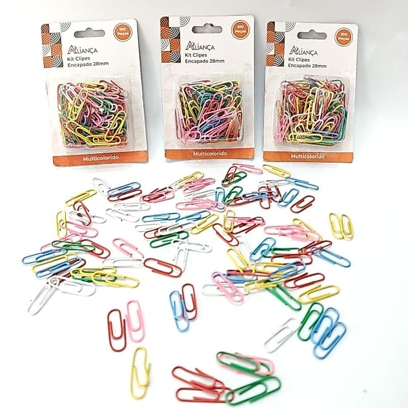 Kit 100 Clips Coloridos Encapados 28mm Para Papel Escritório Escola Papelaria