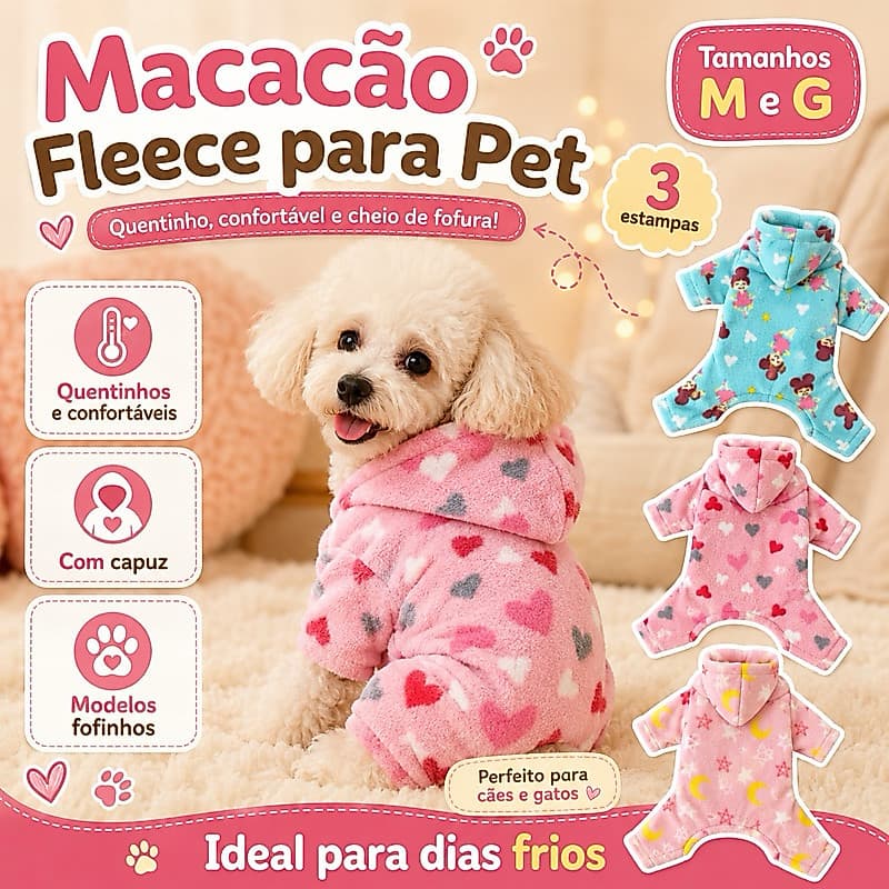 Macacão Fleece para Pet, ideal para deixar seu cão ou gato mais quentinho e confortável nos dias frios.