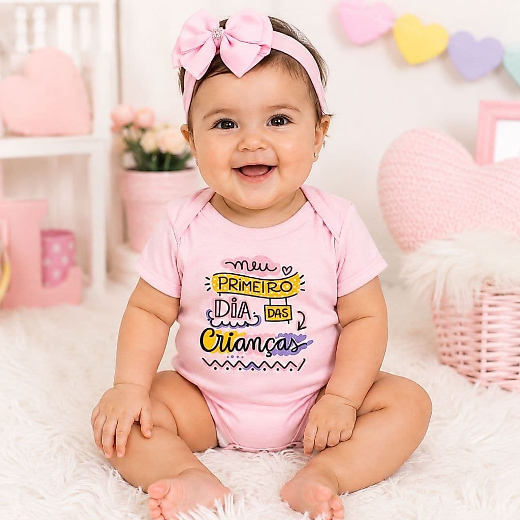 Body Bebê Menina Meu Primeiro Dia das Crianças Rosa Faixa Laço Infantil Colorido Festa