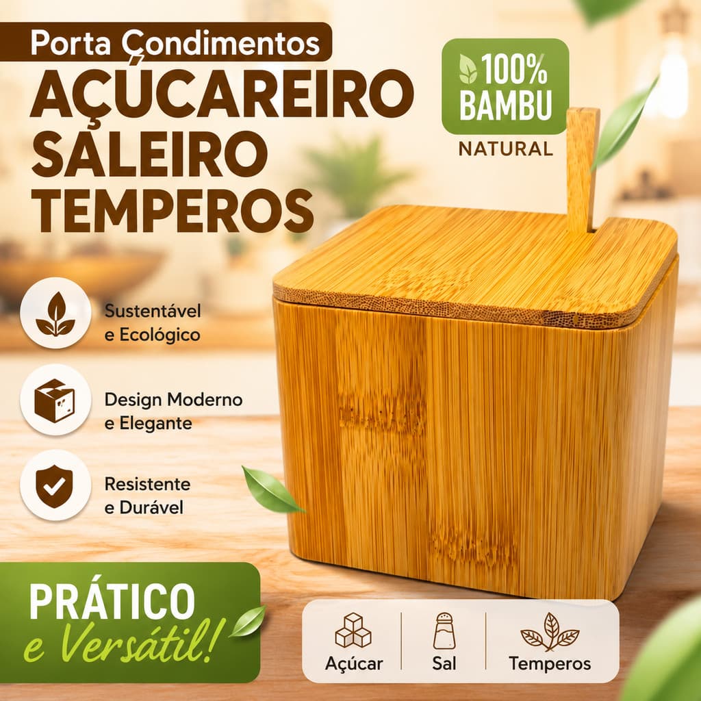 Porta tempero de Bambu com Tampa e Colher | Açúcareiro, Saleiro, Porta Temperos de Luxo  300 ML