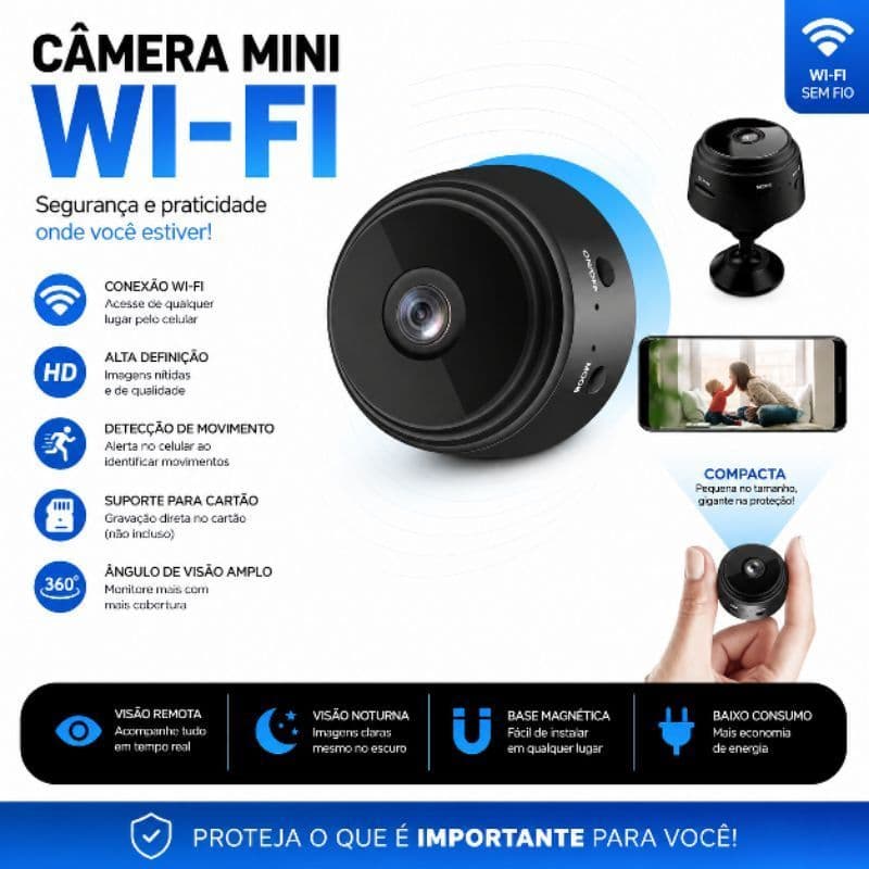 Câmera Espiã Mini HD Wi-Fi com Sensor de Presença, Visão Noturna e Suporte de Encaixe