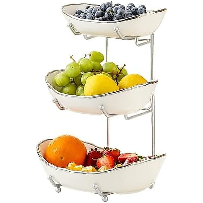 Tigela De Frutas De Cerâmica Para Balcão De Cozinha-Cesta 3 Camadas Com Suporte De Metal , Em Bancada , Lanche , Nozes ,
