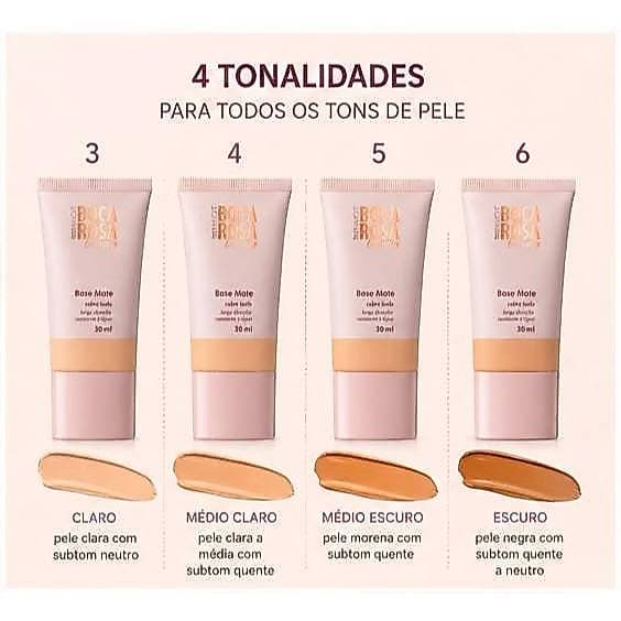 Base Mate Boca Rosa Beauty 30ml Cobertura Alta Longa Duração Acabamento Matte Tons 3 4 5
