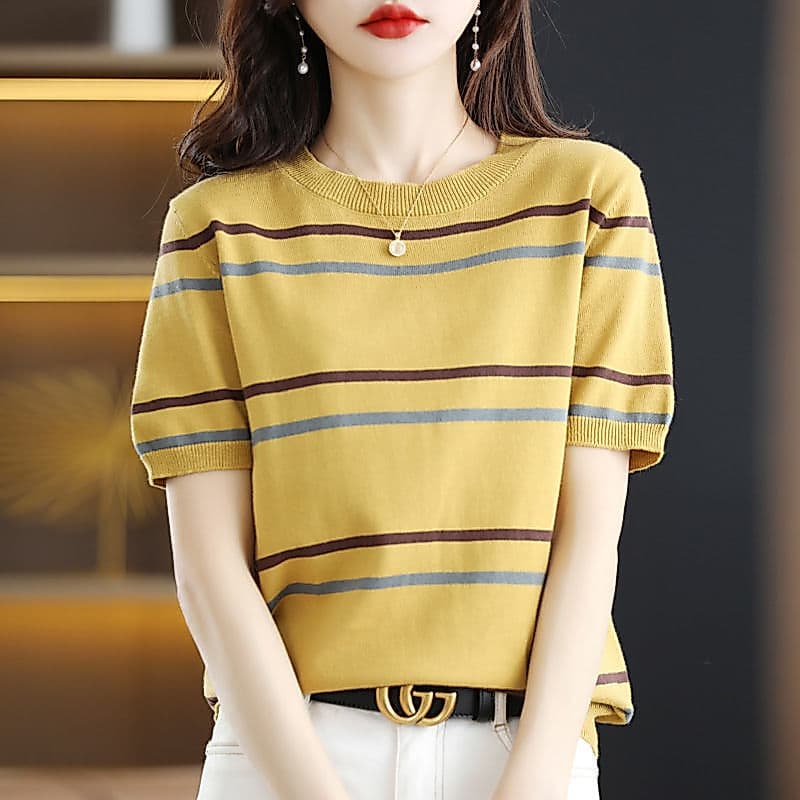100% algodão fio listrado camiseta de manga curta feminina camisa de fundo de malha feminina verão cor-bloqueio em torno