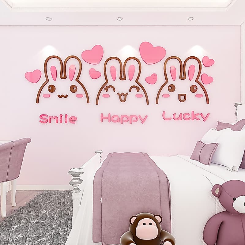 Coelho bonito dos desenhos animados adesivo auto-adesivo rosa menina coração decoração do quarto menina cabeceira 3d tri