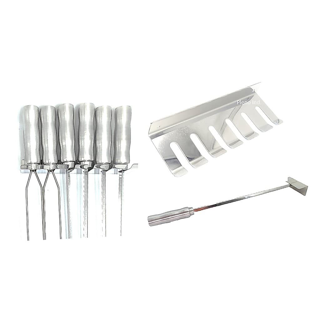 Kit 5 espetos em inox 2 lamina dupla e 3 simples com porta espeto e rastelo carvão