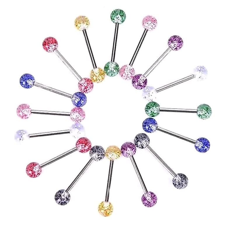 Kit 5 Piercings de Língua Glitter 19mm Masculino Feminino Aço Cirúrgico