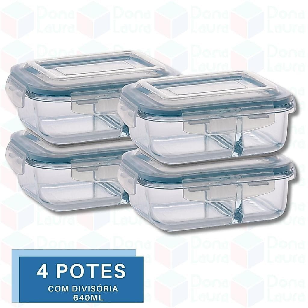 4 Pote 640ml de Vidro Hermético com Divisoria p/ Marmita Airfryer