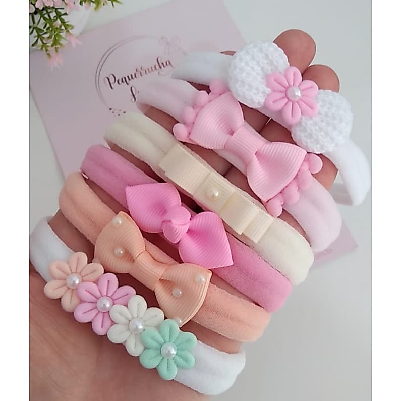 Kit 6 Faixinhas de Cabelo Bebê Menina Laço Gravatinha RN Meia de Seda Confortável Maternidade Enxoval Luxo