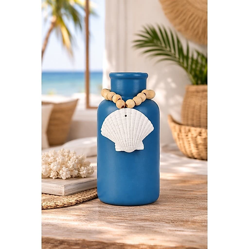 Vaso Decorativo Garrafa Azul Marinho com Colar de Concha Decoração Náutica Praia