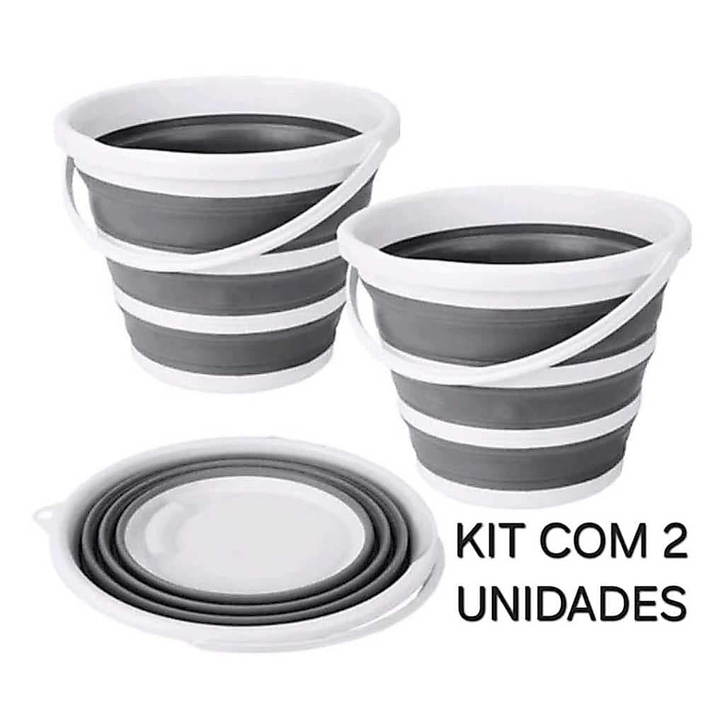 Kit Com 2 Balde Dobrável Retrátil Flexível 10L Silicone Com Alça