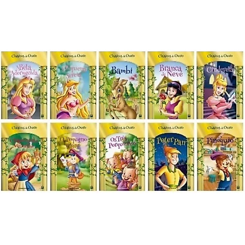 Kit Livro Infantil Historias Clássicos De Ouro 10 Histórias Cinderela, Peter Pan, Branca De Neve, Pinóquio, Ilustradas
