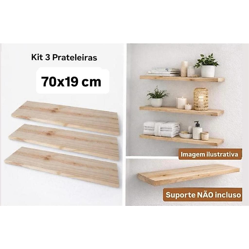 Prateleira de Madeira, Pinus, Tabua, Prancha, 70cm x 19cm, Natural, Kit c/3un