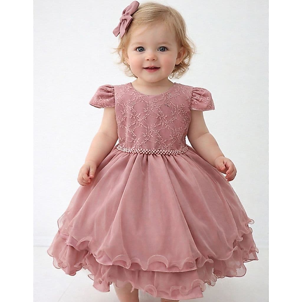 Vestido Infantil Bebê Bordado com Tule e Pérolas Luxo Batizado Aniversário Festa Várias Cores