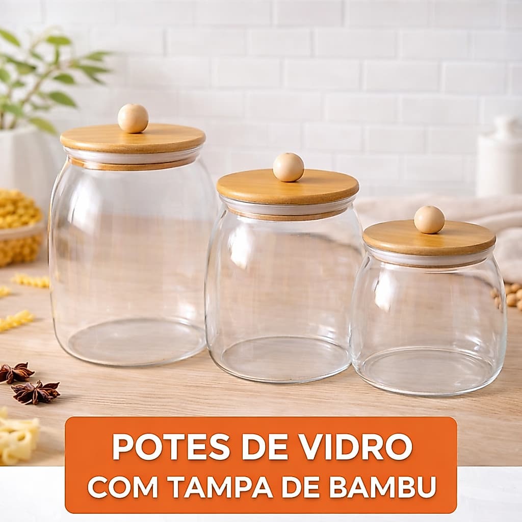 Potes de Vidro Borossilicato Hermético Biscuitt Tampa Bambu - Moldular
