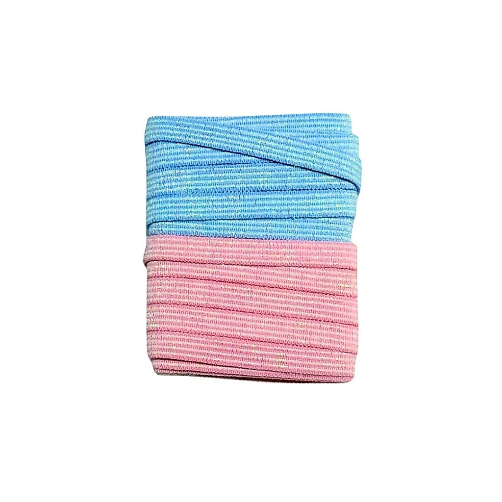 Kit Elástico Lurex Glitter 7mm Bicolor Rosa Bebê e Azul Bebê 4m Encadernação Agenda Planner Scrapbook DIY - Ref. BI001