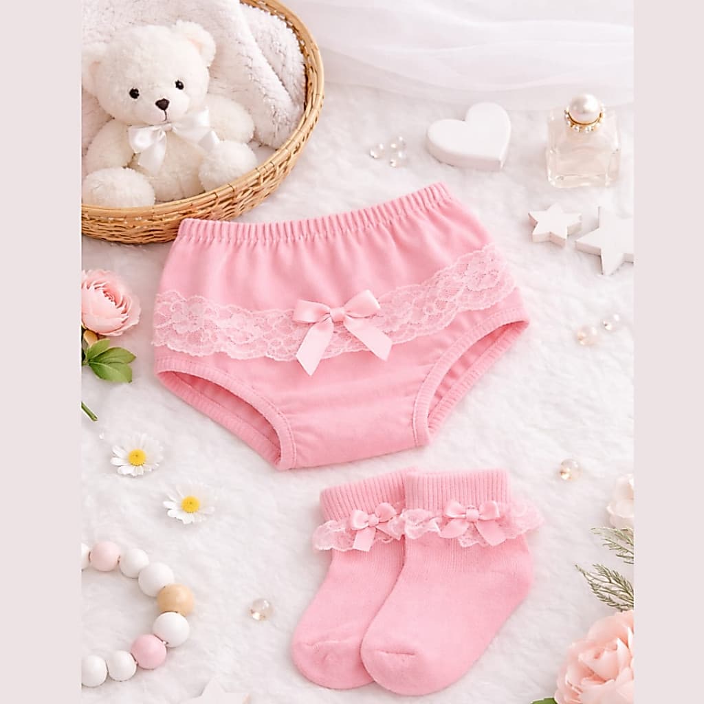 kit calcinha bunda rica tapa fraldas e meias soquete com renda e babado festa batizado bebê infantil