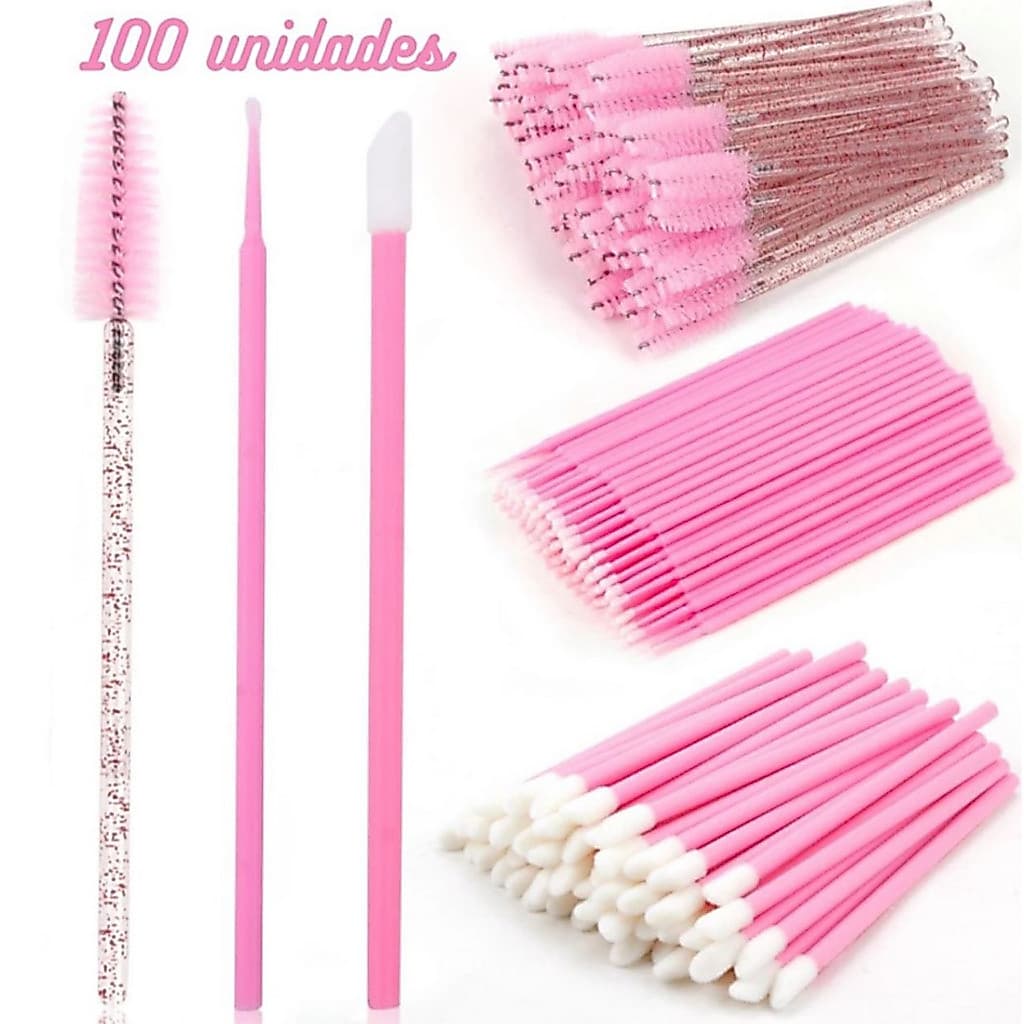 Kit 50 Escovinhas + 100 Microbrush + 50 Aplicador de batom alongamento cilios
