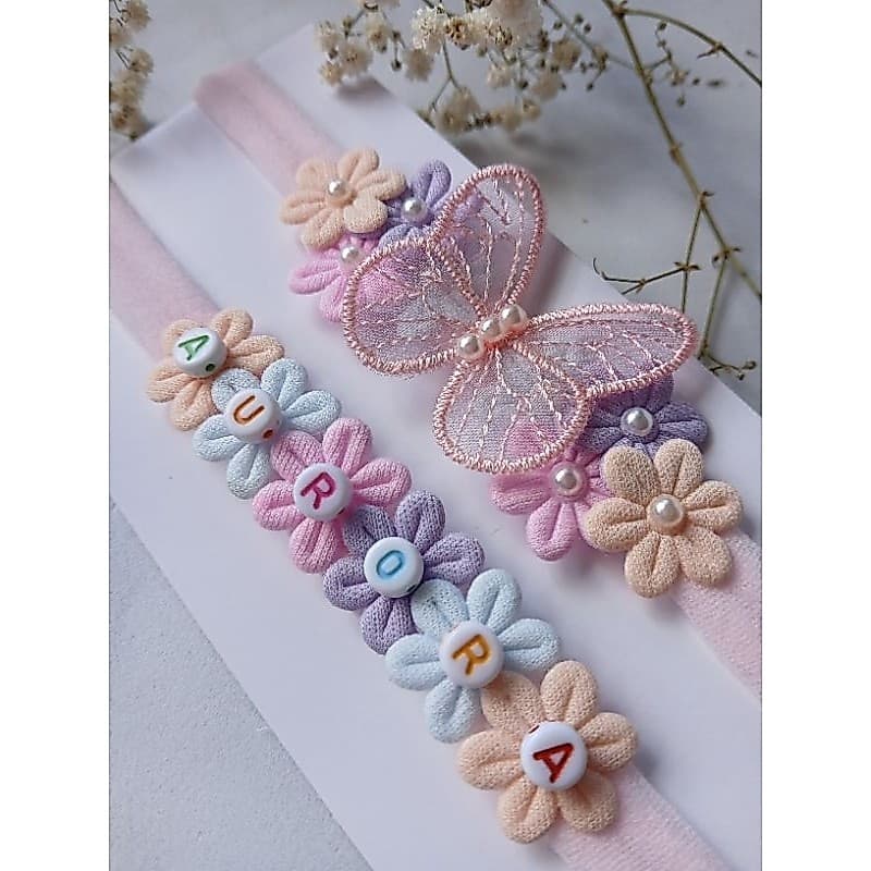 kit Faixas PERSONALIZADAS (Letras costuradas) de cabelo para bebê ideal para ensaio newborn. Apliques Jardim Encantado