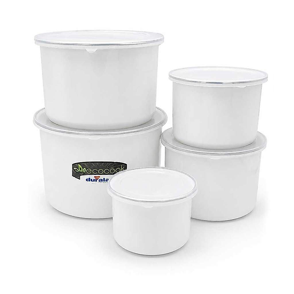 Jogo Potes Mantimentos Aço Esmaltado Tampa Branco 5 Peças