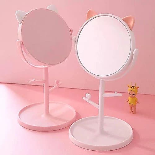 Espelho de Mesa 15cm Gatinho Giratória Redondo Maquiagem Porta Joias Brincos Grande Bijuteria