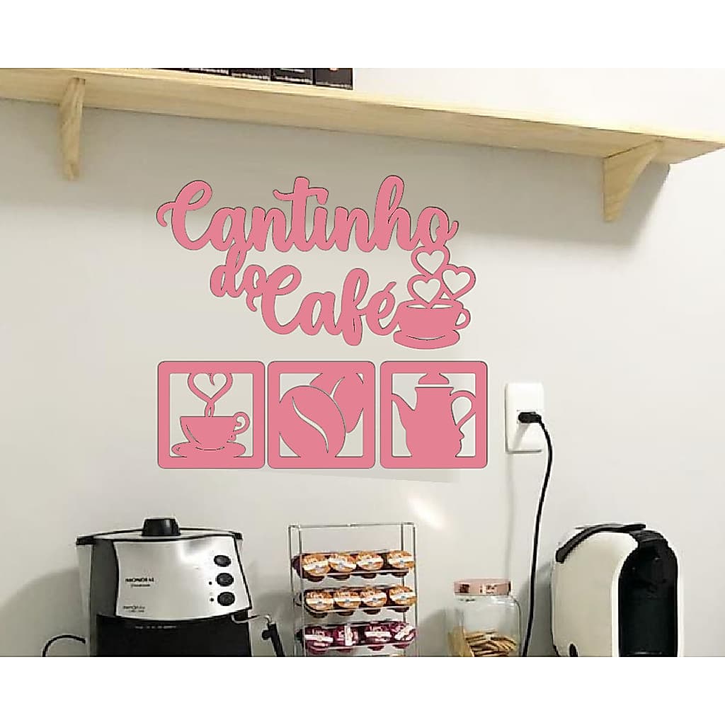 KIT CANTINHO DO CAFÉ ROSA 30CM 4 PEÇAS MDF ALTO RELEVO DECORAÇÃO CASA COZINHA