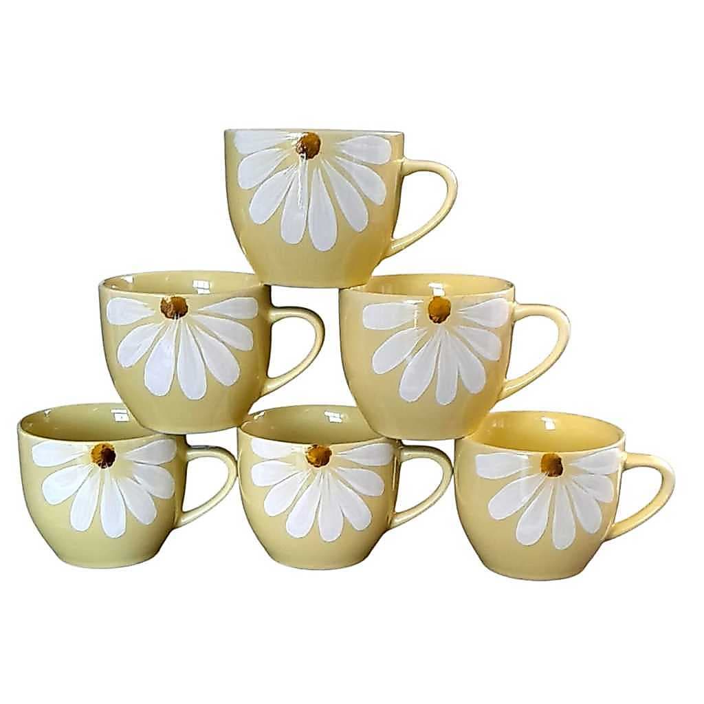 Jogo conjunto kit 6 Xicaras canecas Chicaras de Café Chá Porcelana 170 ml amarela pintura margaridas feita a mão.