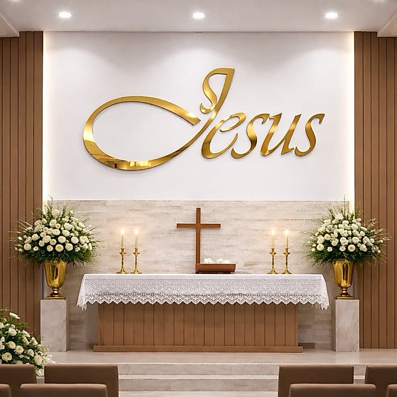 ️ Jesus Decorativo para Igreja – Acrílico Espelhado Dourado Luxo