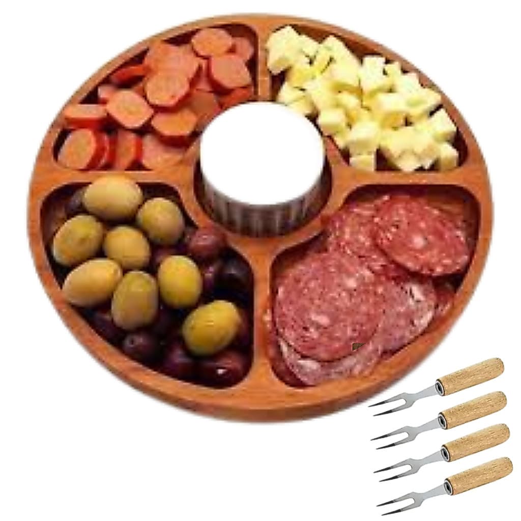 Kit Petisqueira Redonda Para Frios Queijo Com 4 Garfinhos para Petiscos