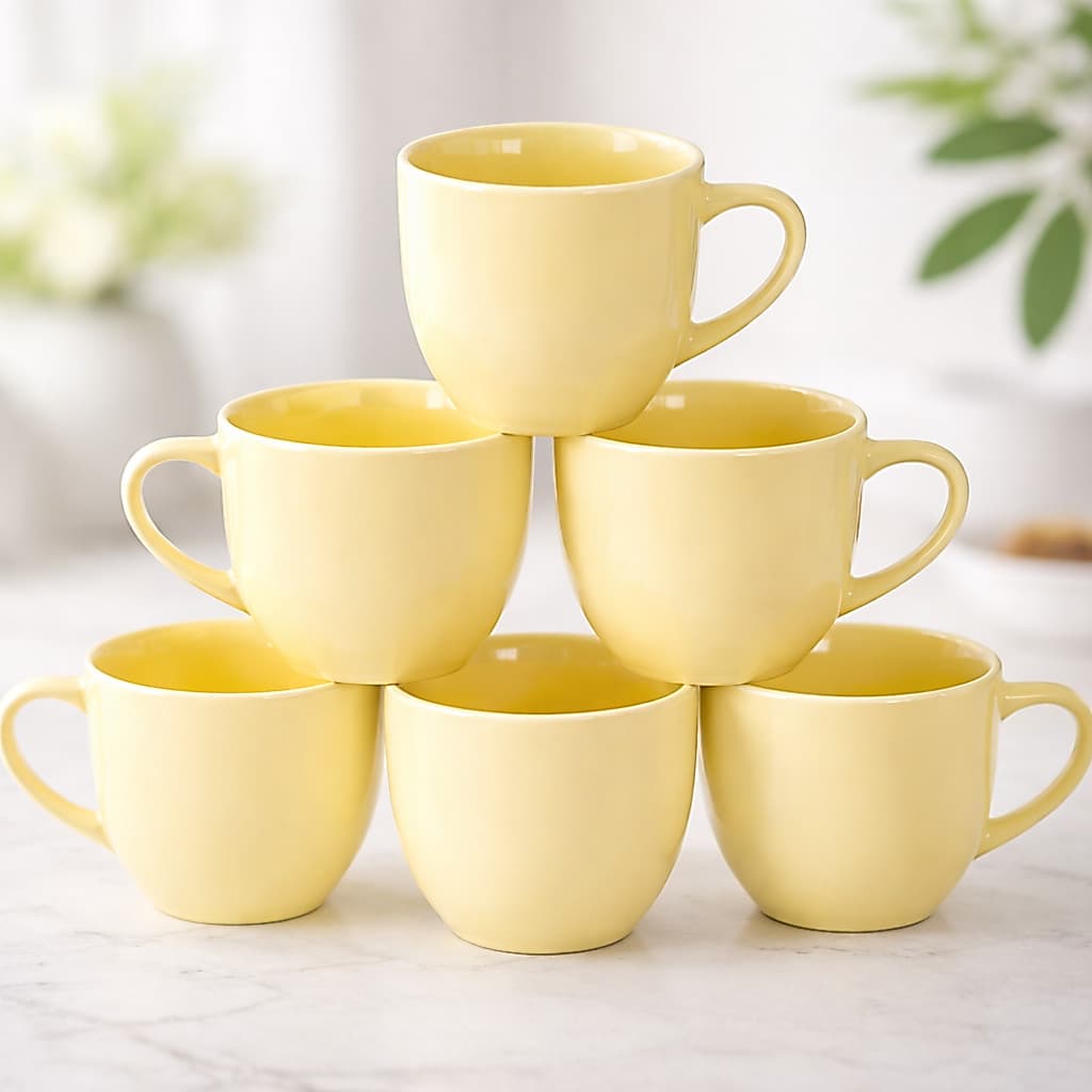 Jogo 6 Xícaras de Café e Chá Porcelana 170ml Amarela Kit Xícara Pequena para Expresso Café Chá