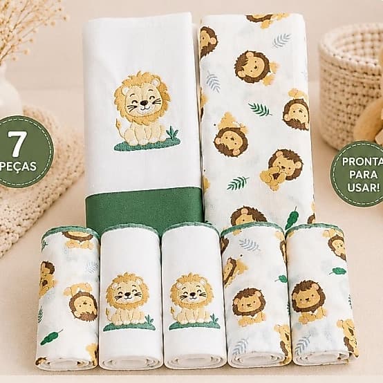 Kit Animais Baby 7 Peças Enxoval Bebê Menino Menina Enxoval Bichinhos Combo Estampado 5 Fralda +2 Toalha