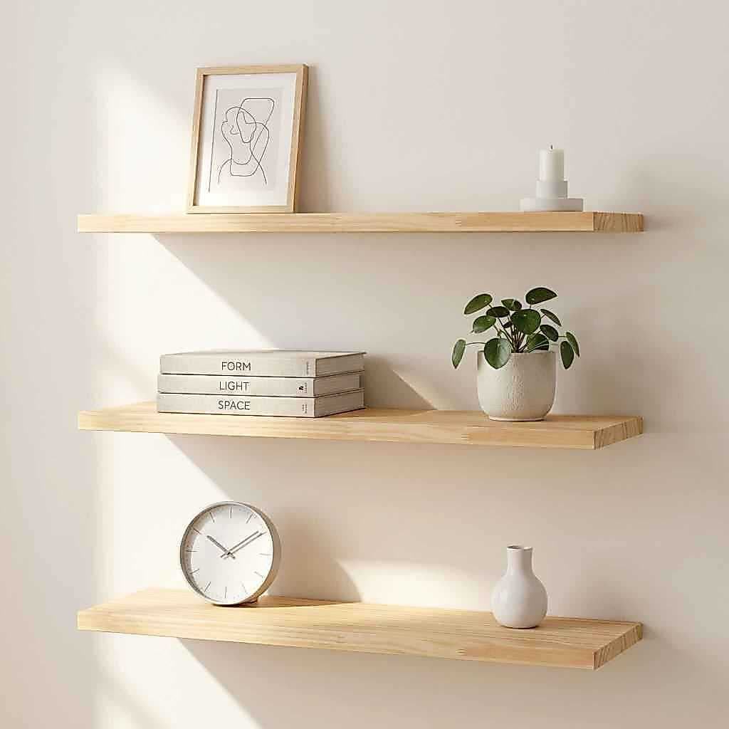 Kit 3 Prateleiras Flutuantes Pinus Maciça Sem Nós 60x20 Suporte Invisível Parede Sala Quarto