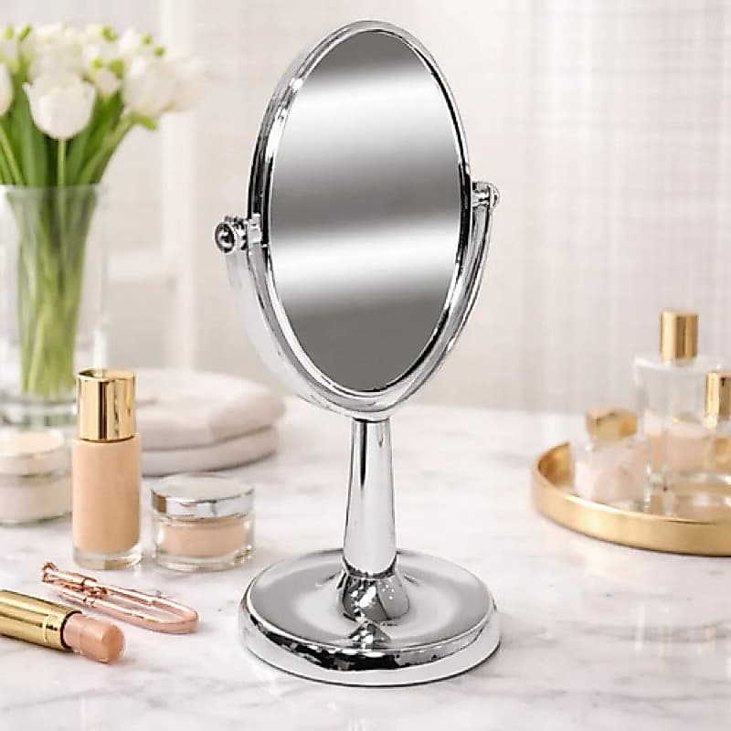 Espelho Oval De Mesa Com Pedestal Dupla Face Com Aumento