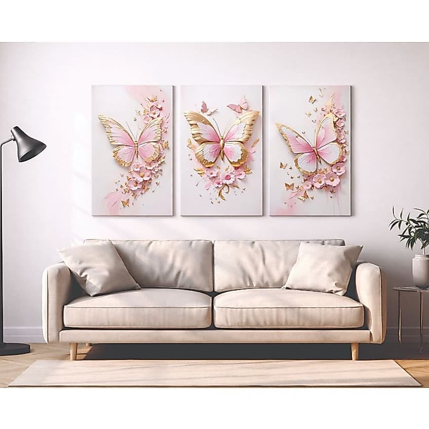 Kit 3 Quadros Decorativos Peças Borboleta Rosa Dourado Estilo para Sala de Estar Quarto Escritório