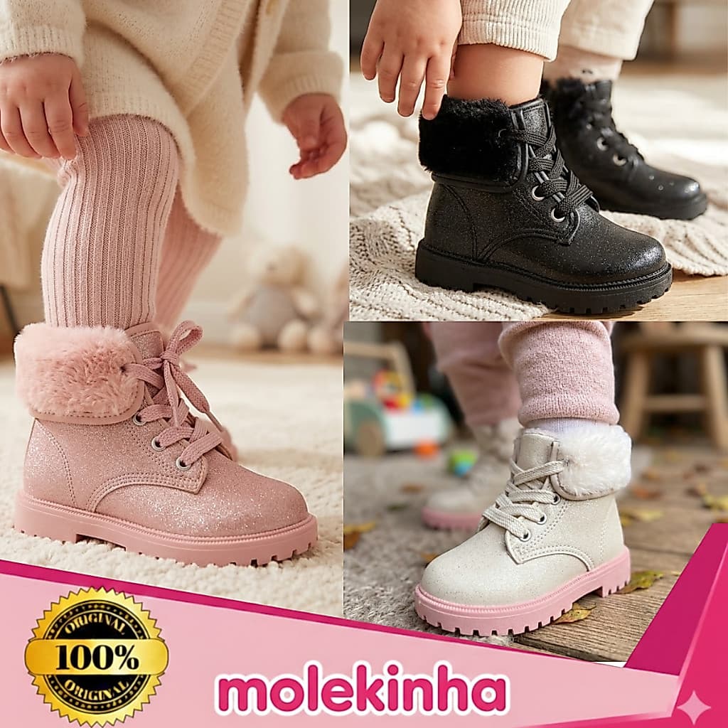 Bota Molekinha Infantil Bebê Meninas Coturno Com Glitter Tratorada Confortável Macia Leve Original