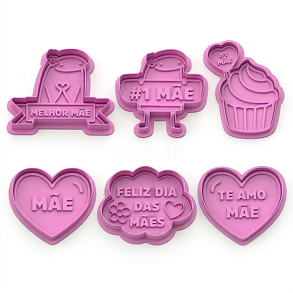 Kit c/6 Cortadores de Biscoito Dia das Mães com Puxador e Carimbo Molde Utensílios Confeitaria